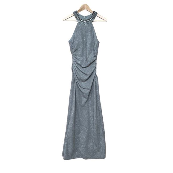 Cachet Beaded High Neck Mermaid Ruched Gray Silver Formal Prom Dress Women 6 - Picture 1 of 7